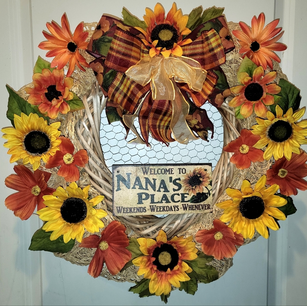 Sunflower Wreath Nana's Place Jute Deco Mesh Farmhouse Cottage Grandmother Gift